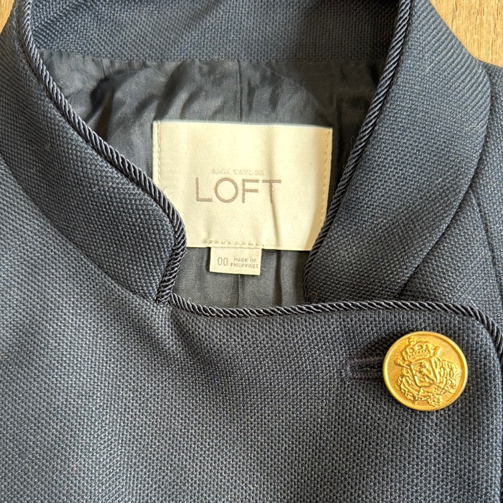 LOFT Navy Asymmetrical Military Structured Suit Jacket Size 00 - Picture 3 of 11